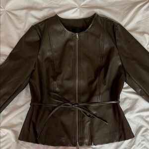Black Faux Leather Zip-Front Jacket with Tie Waist